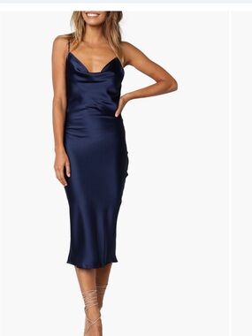 Petal & Pup Navy Satin Cowl Neck Midi Dress